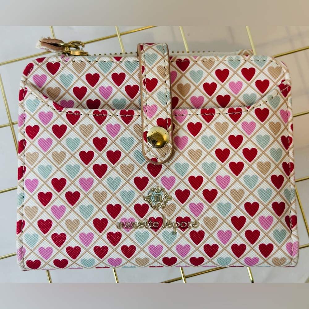 Nanette Lepore Hearts Bifold Wallet in Vegan Leather Red Pink Hearts